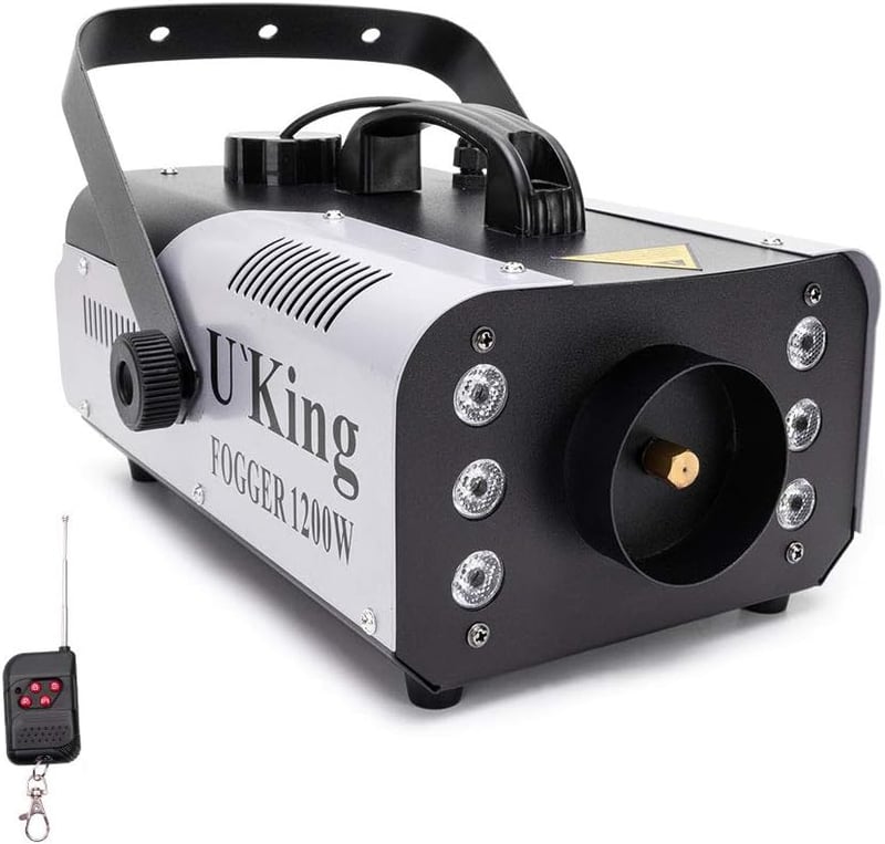 U`King 1200W Füstgép 6 RGB LED Világítással - Vezeték Nélküli Távirányítóval, 8m Hatótávolság, 1L Tartály, Fém Ház, DJ Partykhoz, Koncertekh