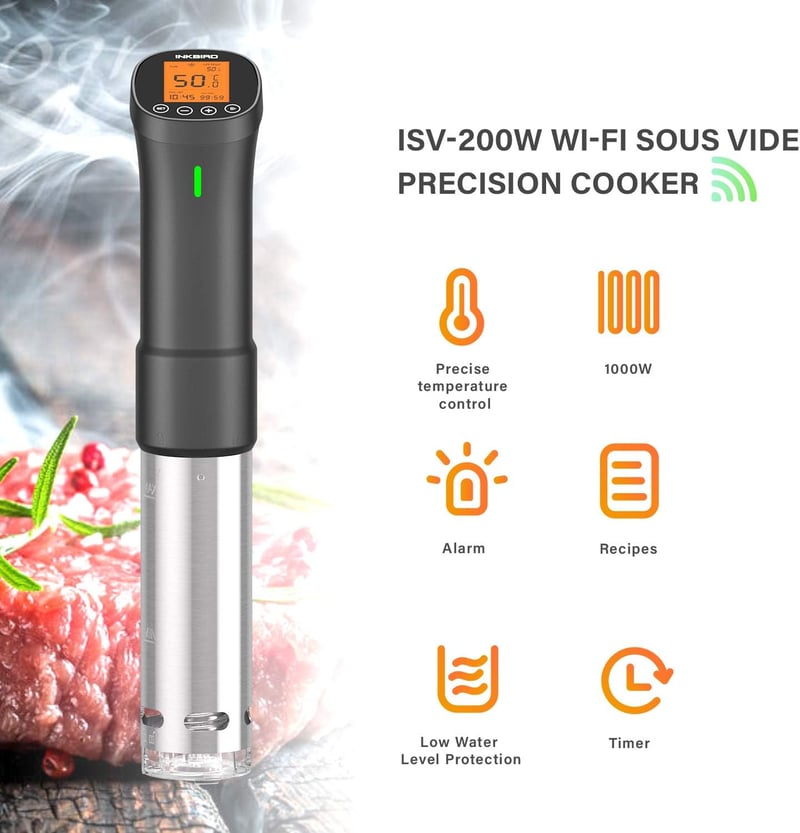 Inkbird WiFi Sous Vide Botmixer 1000W - Rozsdamentes Acél Vízkeringető Főző 12L Kapacitással, Pontos Hőmérséklet Szabályozás, Applikációs Ve