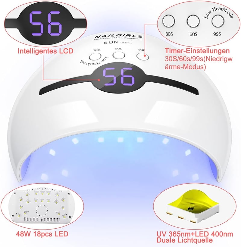 NAILGIRLS 48W UV LED Körömszárító Lámpa - Hordozható, LCD Kijelzős, 3 Időzítővel