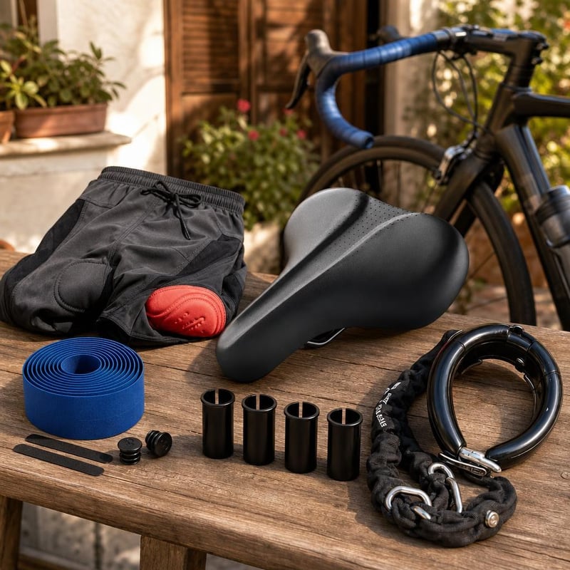 Pachet Confort Bicicletă: șa impermeabilă + pantaloni cu bazon + adaptor + ghidolină + antifurt