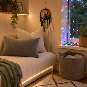 Set za dekoraciju sobe: 120 LED traka + 21m/240 LED lampica + hvatač snova + 2 jastučnice + košara