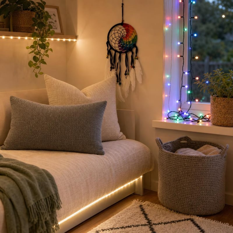 Set decor cameră: 120 LED-uri + 21m/240 becuri + dreamcatcher + 2 fețe pernă + coș depozitare