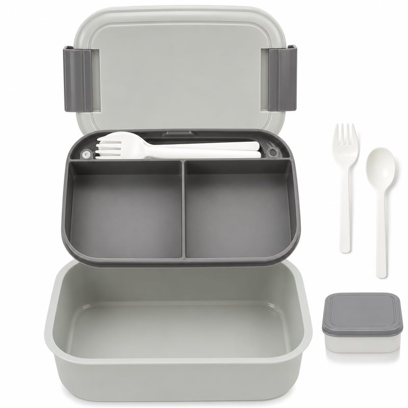 Casetă pentru prânz BIBURY Bento Box 1,9 L, 4 compartimente, cu tacâmuri și 2 recipiente pentru sos — diferență de nuanță, model gri (stare: vezi a 2-a imagine)