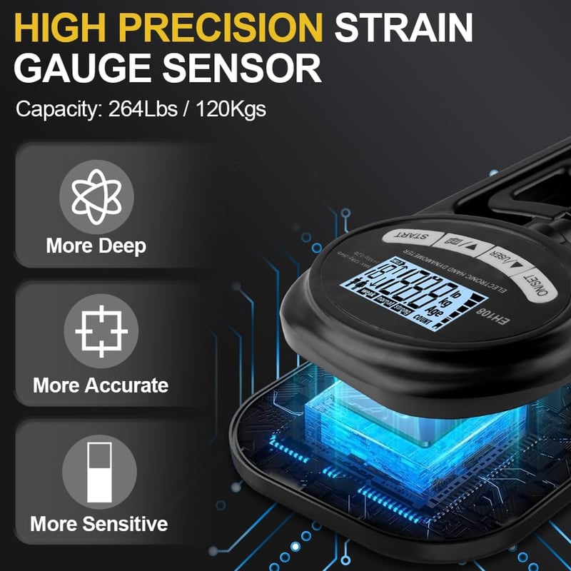 OSDUE Digitális Kézerőmérő, Fekete, 120kg-os, USB-töltős