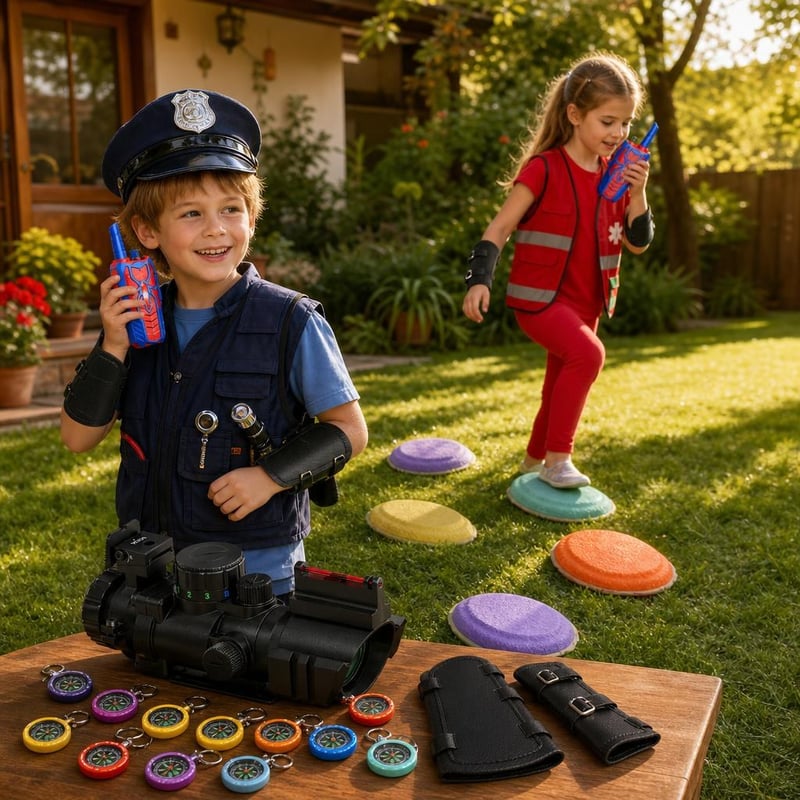 Udvari nyomozó kaland: gyerek walkie-talkie + távcső + 6 db lépkő + 12 db tájoló + 2 db karvédő