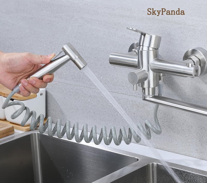 SkyPanda Fali Konyhai Csaptelep 4 Üzemmóddal - 360° Forgatható, 23 cm Kifolyócsővel, Kihúzható Zuhanyfejjel, Rozsdamentes Acél, Szálcsiszolt