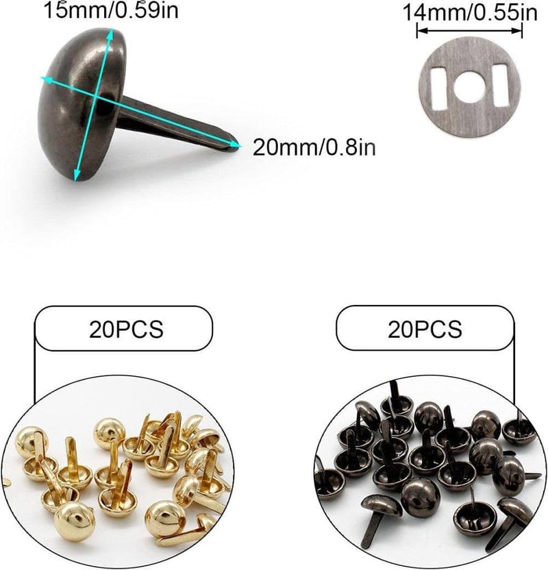 Arany és fekete bőrszegecsek, 15mm, 40db szett