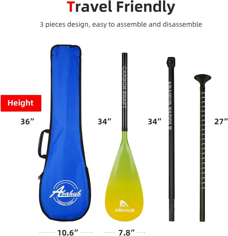 Abahub 3 részes karbon SUP evező táskával, teleszkópos 170-218 cm, műanyag lapáttal, sárga hullám mintázattal, SUP deszkához