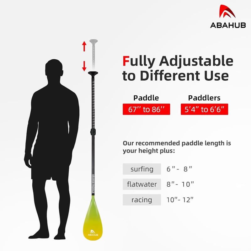 Abahub 3 részes karbon SUP evező táskával, teleszkópos 170-218 cm, műanyag lapáttal, sárga hullám mintázattal, SUP deszkához