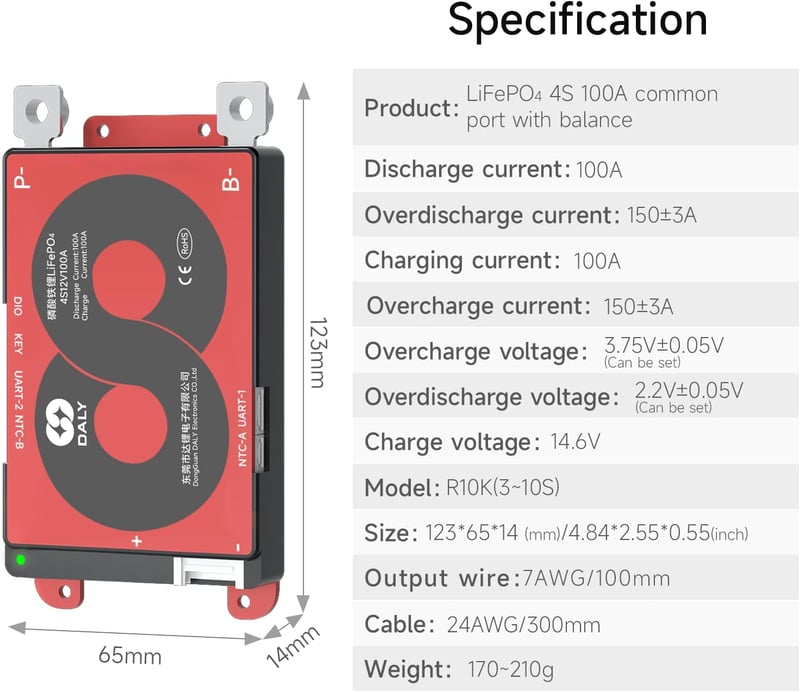 DALY Smart 4S BMS 12V WiFi Modullal - LiFePO4 Lítium Akkumulátor Védelmi Rendszer CAN/RS485 Kommunikációval, 100A Terhelhetőség