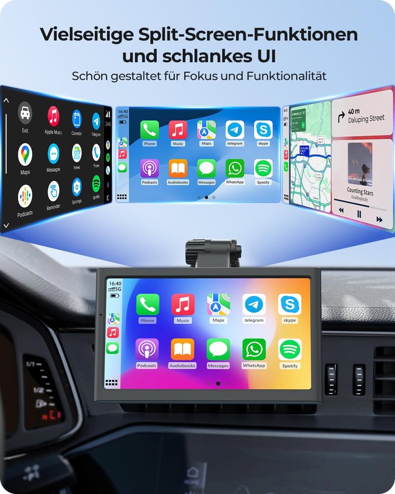 Krunia 7" Vezeték Nélküli Autós Kijelző 60FPS - Apple CarPlay & Android Auto Támogatás, Álló/Fekvő Mód, Hangvezérlés, GPS Navigáció, Tolatók