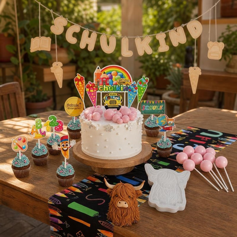 Set Complet Început de Școală: 23 decorațiuni + 20 bile tort + formă fondant + față de masă + ghirlandă