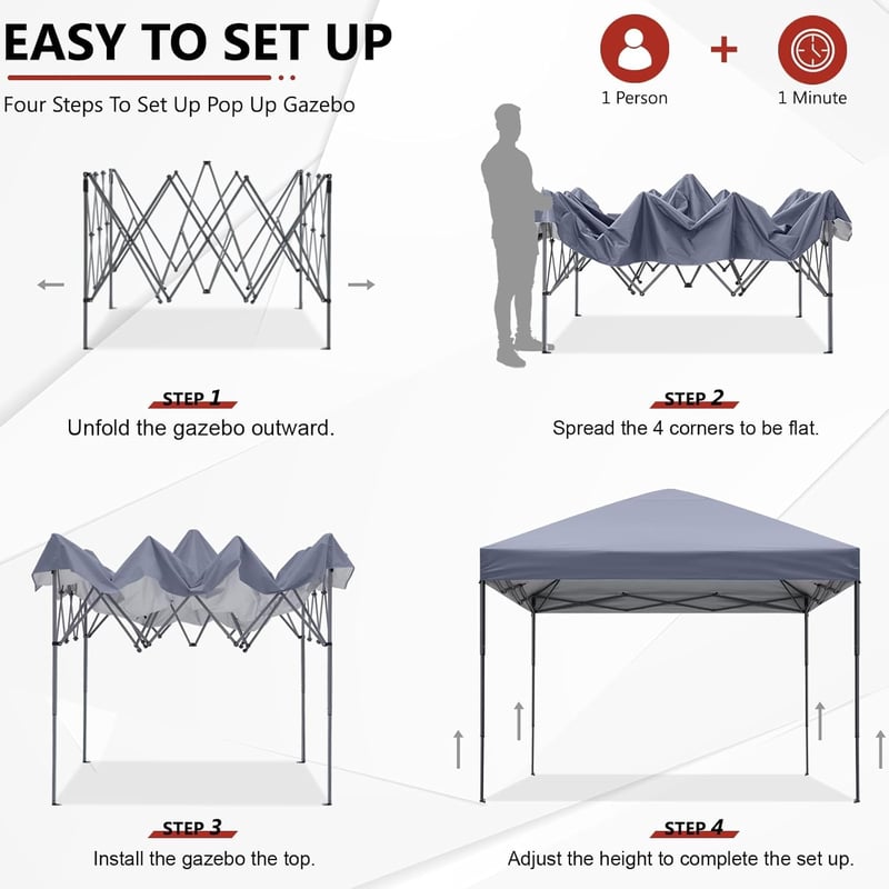 ABCCANOPY 2,5x2,5m Összecsukható Kerti Pavilon - Szürke Rendezvénysátor Prémium Hordtáskával, Rögzítőkészlettel, 13,35kg

AI: I've created a