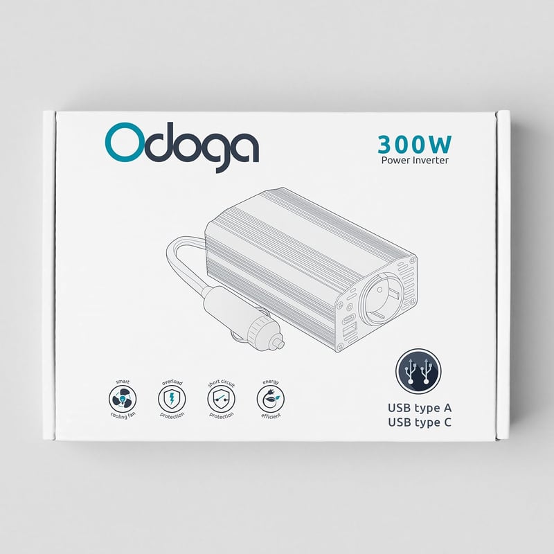 Odoga 300W autós feszültségátalakító 12V-ról 220V-ra, 2 USB porttal - szivargyújtós adapter