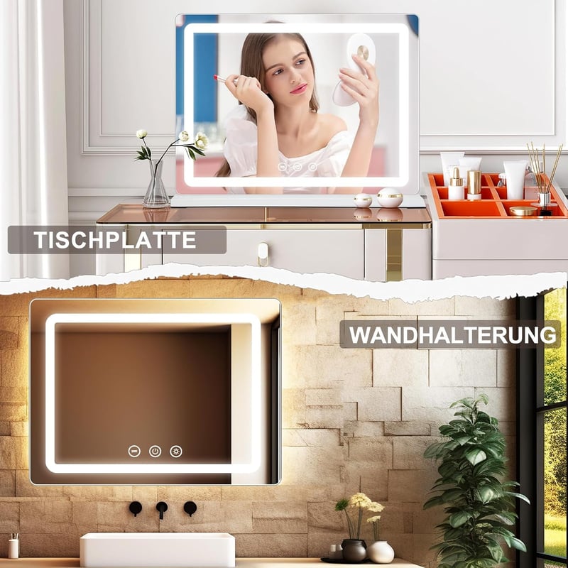 Saimeihome Hollywood Sminktükör LED Világítással - 80x55cm Fehér, 3 Fényárnyalat, 10X Nagyítás, USB, Érintésvezérlés, Asztali vagy Falra Sze