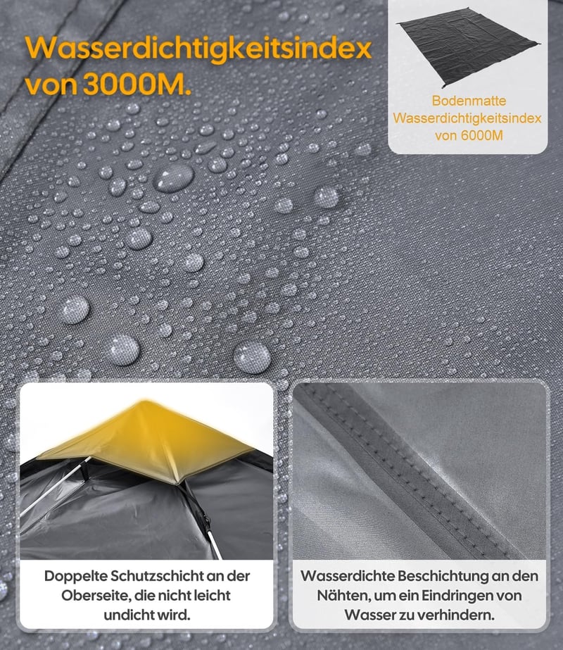 DEWUR 3-4 személyes vízálló pop-up sátor UV védelemmel kempinghez - Dark grey/4 people