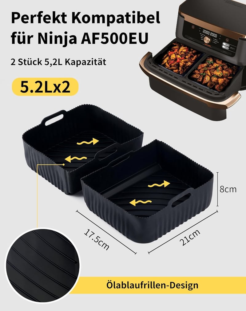 aBlumen 5,2L Sütőtálca Ninja AF500EU 10,4L Airfryerhez - Szilikon Kosárbélés Ninja Foodi Flex Légkeveréses Sütőhöz - Mosható Kiegészítő