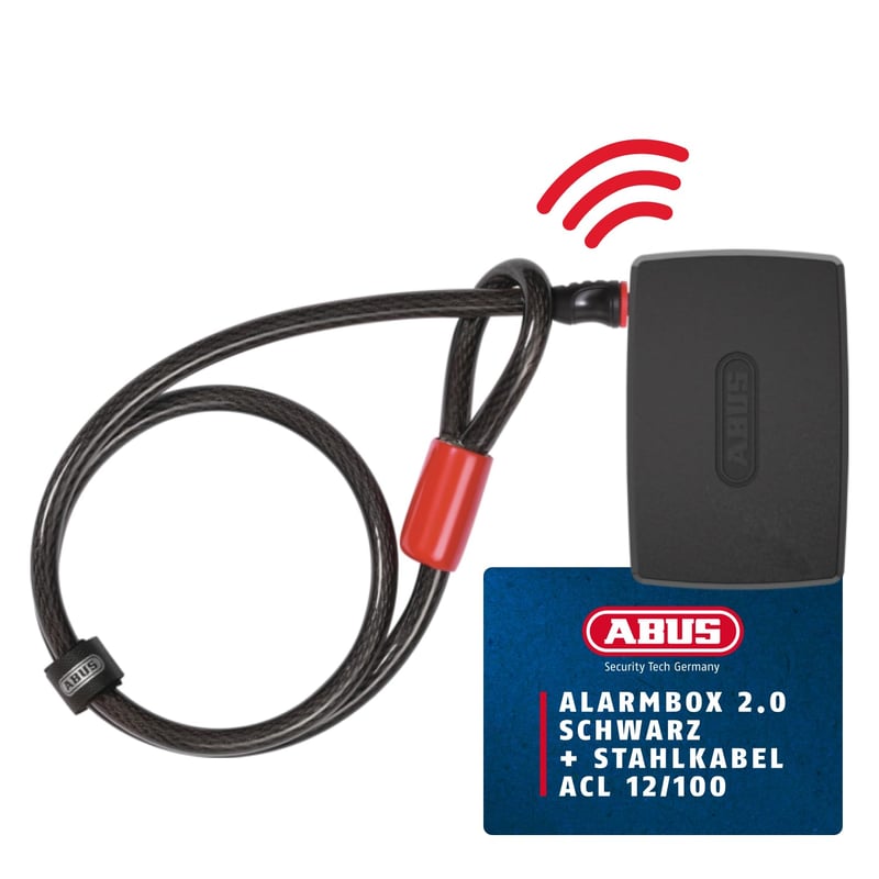 Sistem de alarmă portabil ABUS Alarmbox 2.0 cu cablu de conectare ACL 12/100 pentru biciclete, cărucioare și trotinete electrice, 100 dB, negru