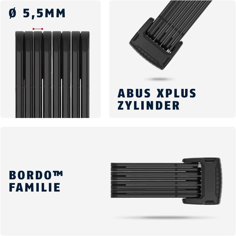 ABUS Bordo Granit 6500K összecsukható kerékpárlakat 120cm, XPlus henger, biztonsági szint 15 - 120 cm, Black