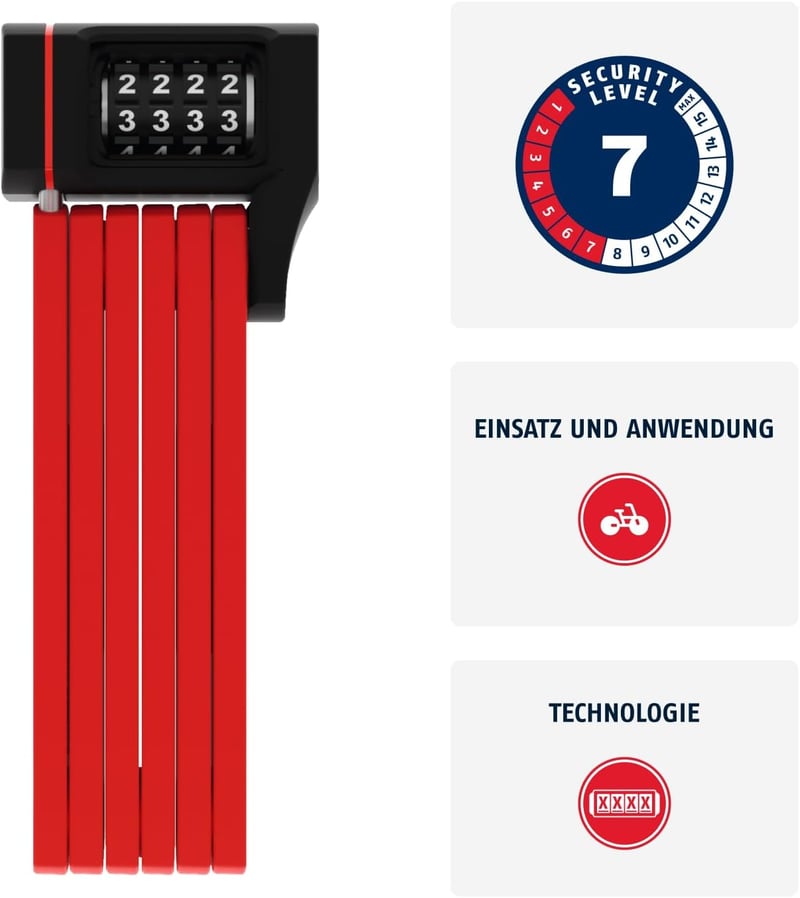 ABUS Bordo uGrip 5700C SH összecsukható kerékpárzár számkombinációs 5mm acélrúd - 80 cm, Single, Red
