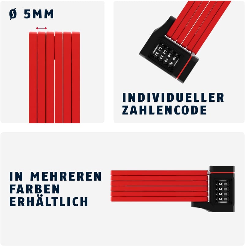 ABUS Bordo uGrip 5700C SH összecsukható kerékpárzár számkombinációs 5mm acélrúd - 80 cm, Single, Red