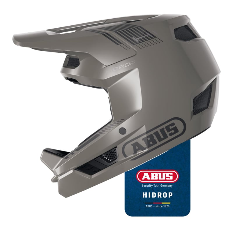 Cyklistická prilba na zjazd (fullface) ABUS HiDrop – Dust Grey, veľkosť M – na MTB, enduro a do bikeparku, vonkajšia škrupina ABS