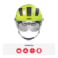 Mestská cyklistická prilba ABUS Hyban 2.0 ACE žltá, veľkosť M (52-58 cm) so štítom a svetlom 2