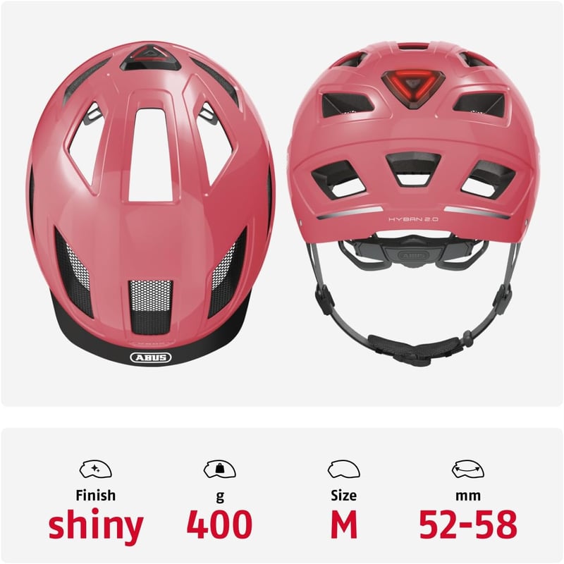 ABUS Hyban 2.0 Kerékpáros Sisak Hátsó Lámpa Férfi Női ABS Héj - M (52 - 58 inches), Red (living coral)