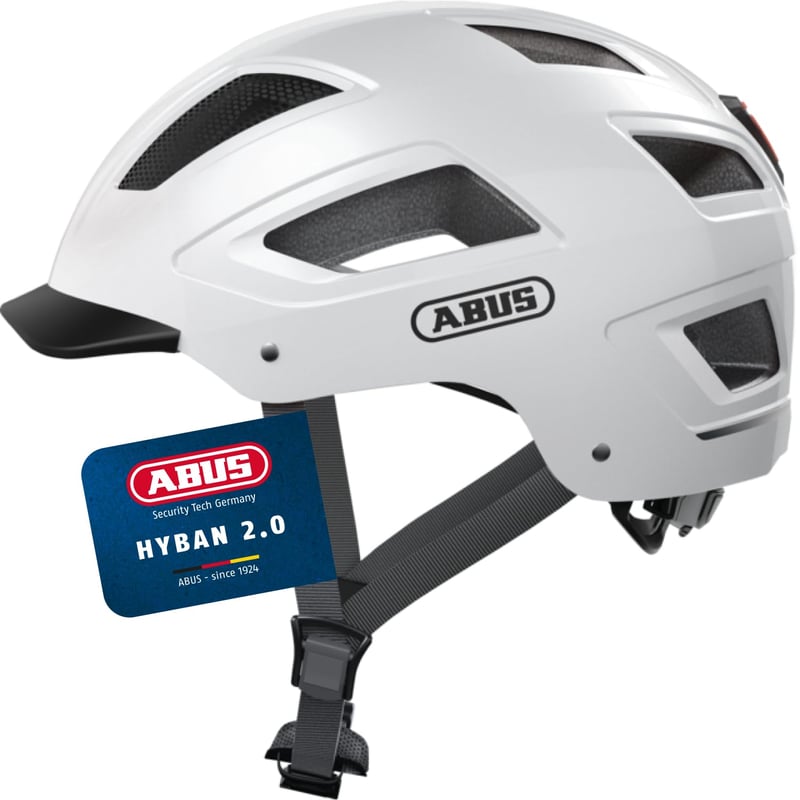 Cyklistická prilba ABUS Hyban 2.0 so zadným svetlom, Polar White, veľkosť M (52-58 cm), pánska a dámska mestská cyklistická prilba s ABS škrupinou