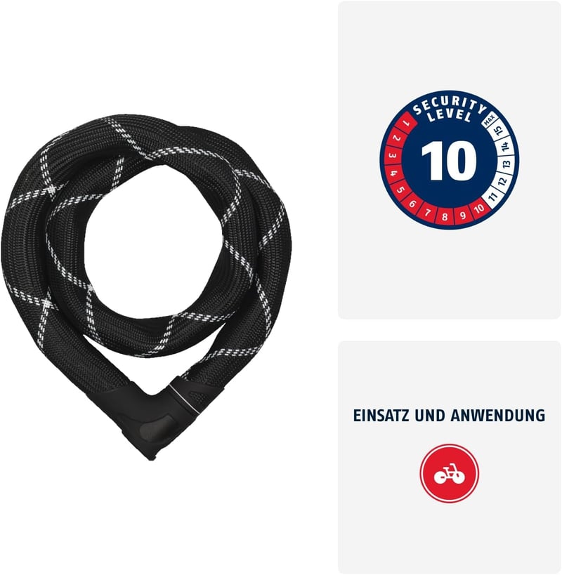 ABUS Iven Chain 8210 Láncos Kerékpárzár Edzett Acél Szintetikus Bevonattal - 140 cm, Single, Black