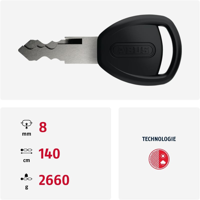 ABUS Iven Chain 8210 Láncos Kerékpárzár Edzett Acél Szintetikus Bevonattal - 140 cm, Single, Black