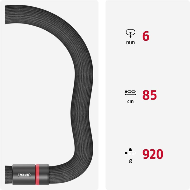 ABUS Láncos Kerékpárzár 6mm Acél Rugalmas Kulcsos Zárral - 85 cm, Single, Black