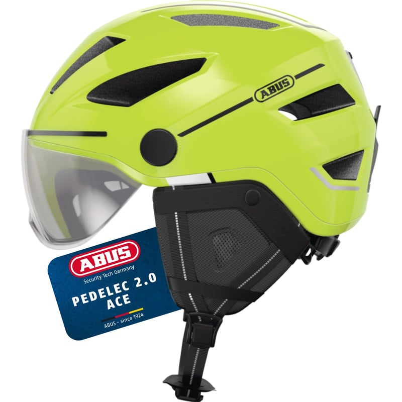 Cyklistická prilba ABUS Pedelec 2.0 ACE, mestská, so zadným svetlom, so štítom, s pláštenkou, veľkosť S, lesklá žltá, pánska aj dámska