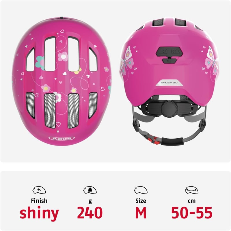 ABUS Smiley 3.0 gyerek bicikli sisak lányoknak és fiúknak, copf nyílással - M (50 - 55 cm), Pink (pink butterfly)
