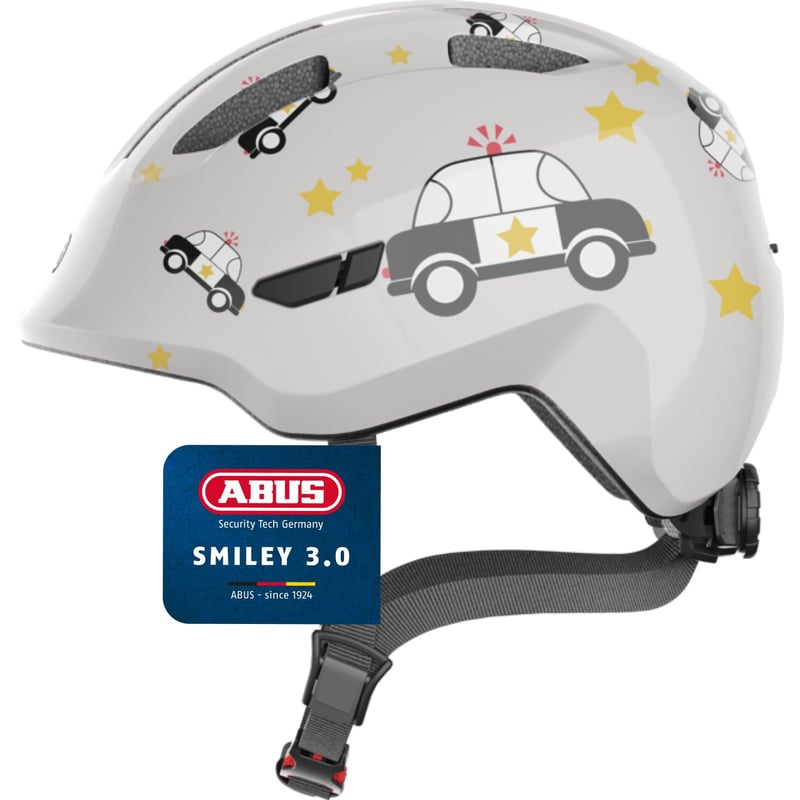 Detská cyklistická prilba ABUS Smiley 3.0, veľkosť M, sivá s motívom áut, hlboký strih, priestor na vrkoč, pre dievčatá aj chlapcov