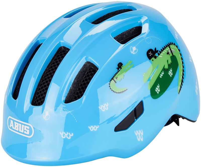 Detská cyklistická prilba ABUS Smiley 3.0 s hlbokým strihom, priestorom na vrkoč, veľkosť S (45-50 cm), svetlomodrá s motívom krokodíla, pre dievčatá