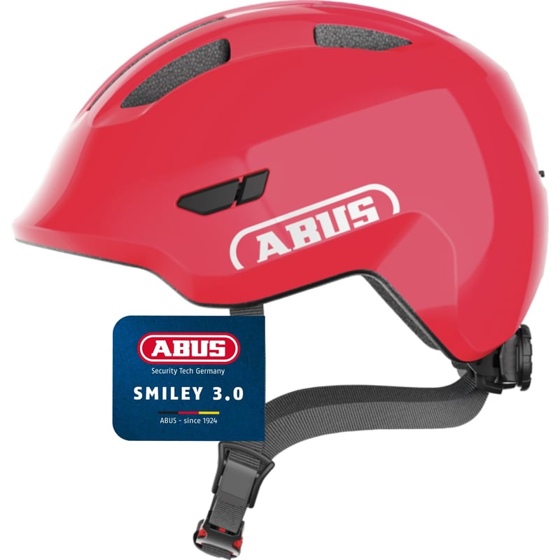 Detská cyklistická prilba ABUS Smiley 3.0, červená (Shiny Red), veľkosť M (50-55 cm), pre dievčatá aj chlapcov, s otvorom na vrkoč