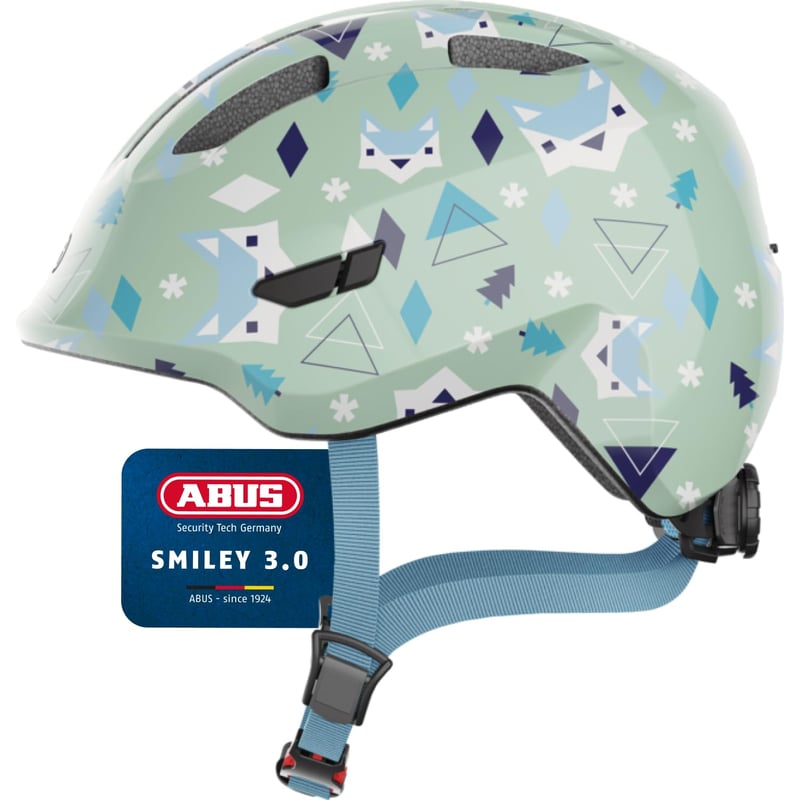 Detská cyklistická prilba ABUS Smiley 3.0, veľkosť S (45 – 50 cm), svetlozelená so vzorom, hlboký strih, priestor na vrkoč, pre dievčatá aj chlapcov