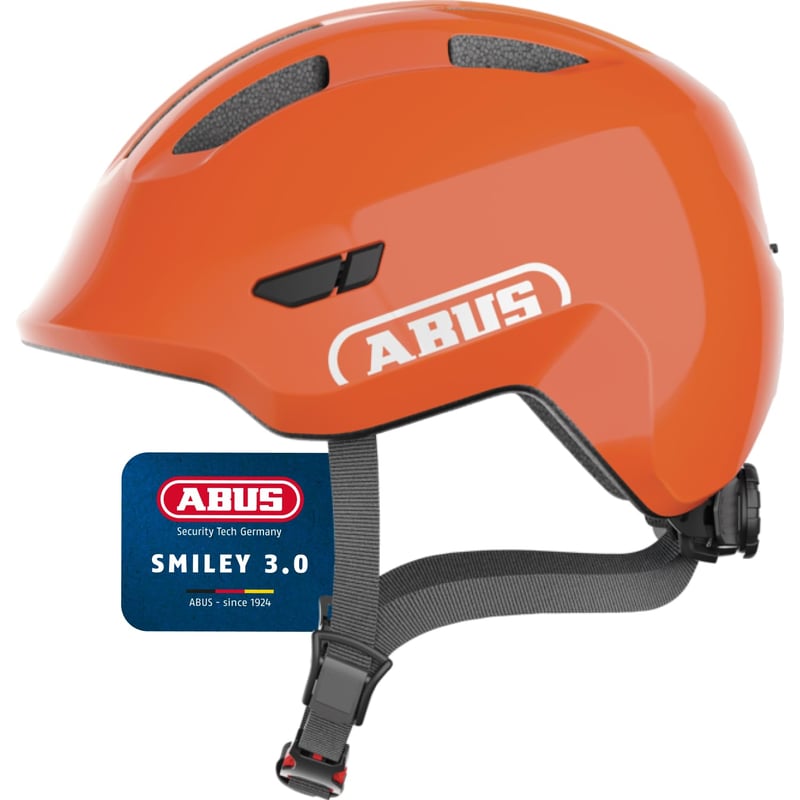 Detská cyklistická prilba ABUS Smiley 3.0, veľkosť S (45-50 cm), oranžová, pre dievčatá a chlapcov, s otvorom na vrkoč