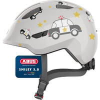 Detská cyklistická prilba ABUS Smiley 3.0, veľkosť S (45–50 cm), sivá s motívom áut, hlboký strih, priestor pre vrkoč, pre dievčatá aj chlapcov 1