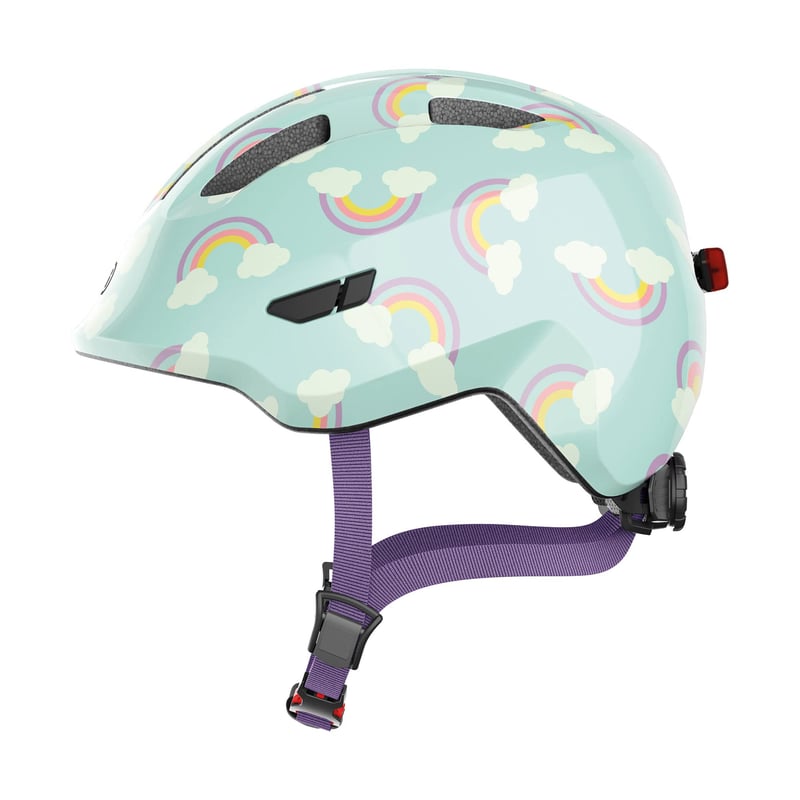 Detská cyklistická prilba ABUS Smiley 3.0 LED so svetlom, svetlomodrá s dúhovým vzorom, veľkosť S, pre dievčatá aj chlapcov