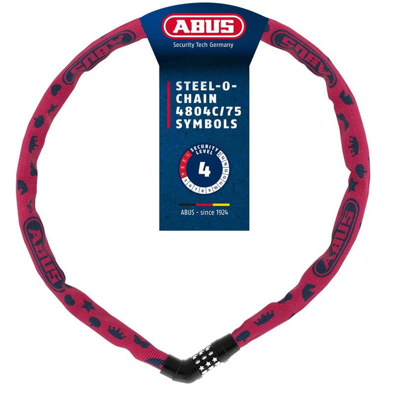Reťazový zámok na bicykel ABUS Steel-O-Chain 4804C Symbols – Detský zámok na bicykel s číselným kódom – 75 cm – Ružový – Úroveň zabezpečenia 3