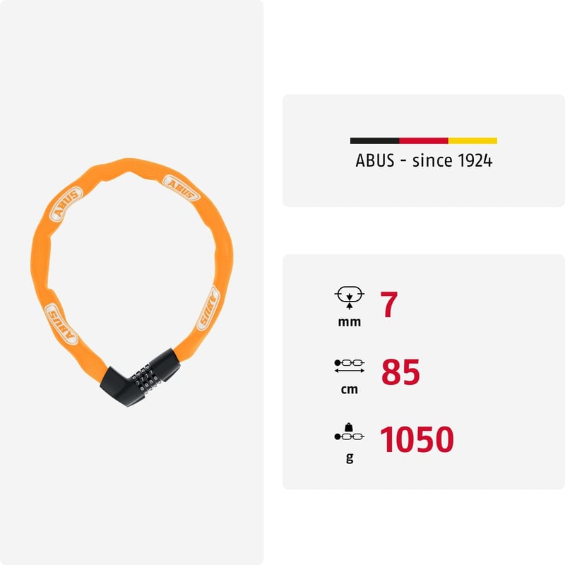 ABUS Tresor 1385 Láncos Lakat - 7mm Acél Lánc - 85cm - Narancssárga - 85 cm, Orange