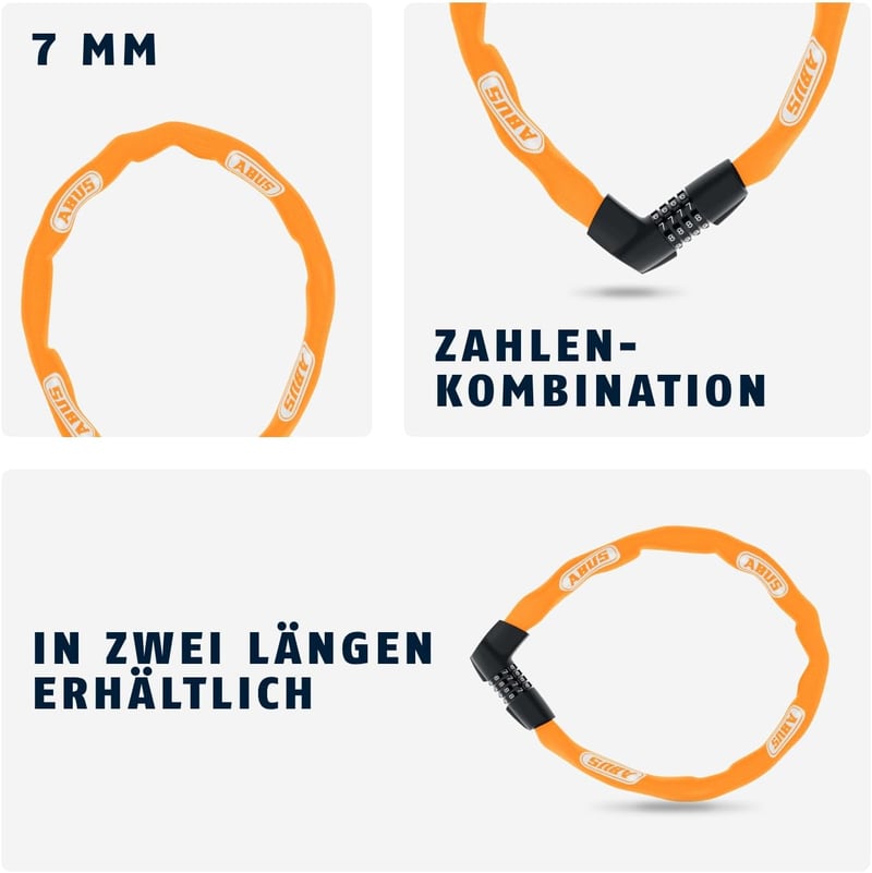 ABUS Tresor 1385 Láncos Lakat - 7mm Acél Lánc - 85cm - Narancssárga - 85 cm, Orange