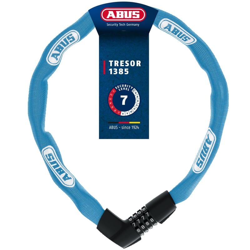 Reťazový zámok ABUS Tresor 1385 – číselný kód, štvorcová reťaz z tvrdenej ocele, 7 mm – 85 cm – modrý – úroveň zabezpečenia 7