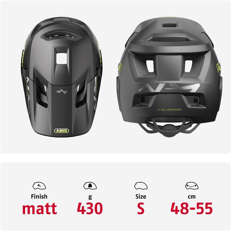 ABUS YouDrop FF gyermek mountain bike sisak levehető állkapoccsal - S, Black (velvet black)