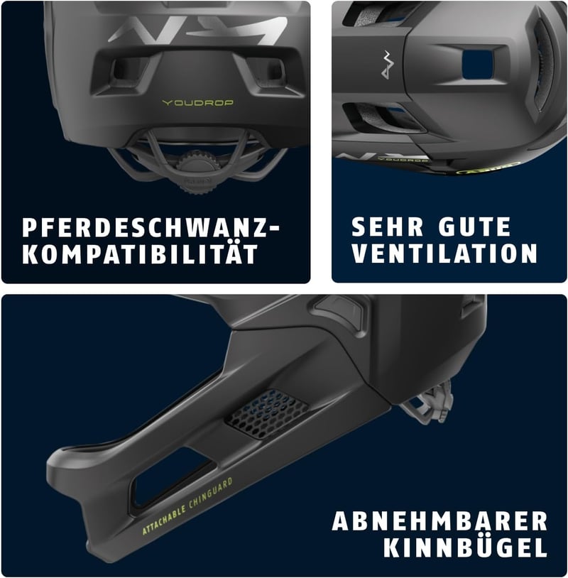 ABUS YouDrop FF gyermek mountain bike sisak levehető állkapoccsal - S, Black (velvet black)