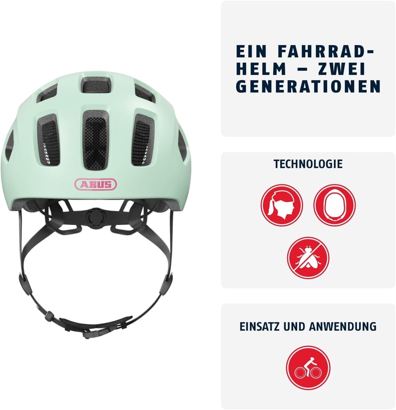 ABUS Youn-I 2.0 Gyerek Kerékpáros Sisak Fénnyel Fiúknak és Lányoknak - M (52 - 57 cm), Mint (iced mint)
