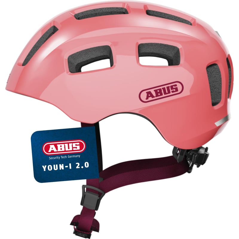 Cască de ciclism pentru copii ABUS Youn-I 2.0 cu lumină, culoare corai, mărimea S (48-54 cm), pentru fete și băieți