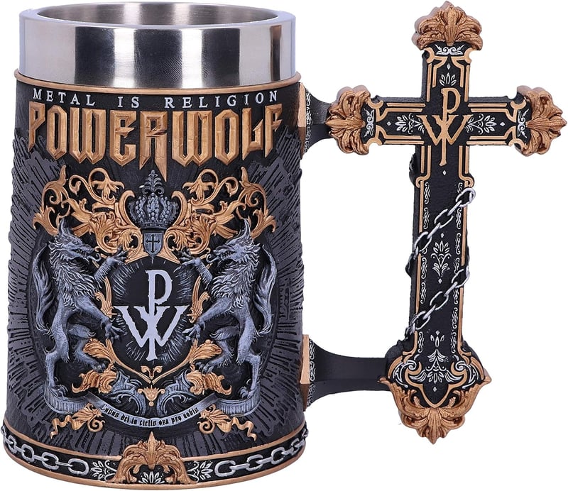 AC/DC Nemesis Now vas söröskorsó fémtankard kereszt fogantyúval Metal is Religion felirattal